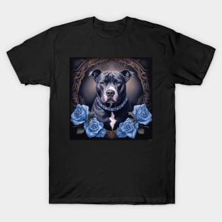 Staffy And Blue Roses T-Shirt